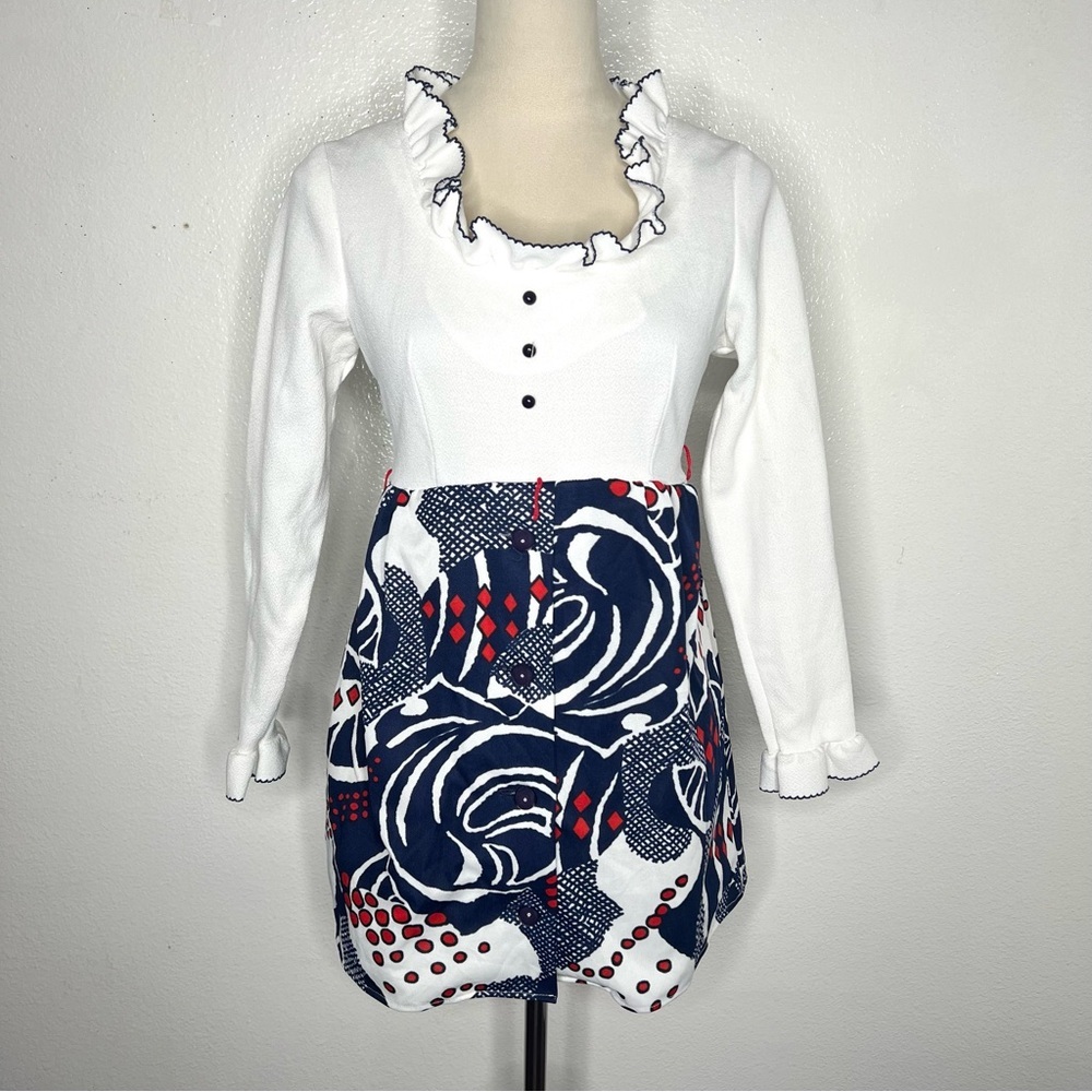 VINTAGE 1960s Mini Dress Go-Go Long Sleeve Shift Vtg 60s Abstract Novelty Print